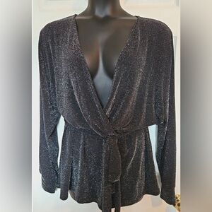 H&M Black Silver Shimmery Evening Faux Wrap Peplum Top